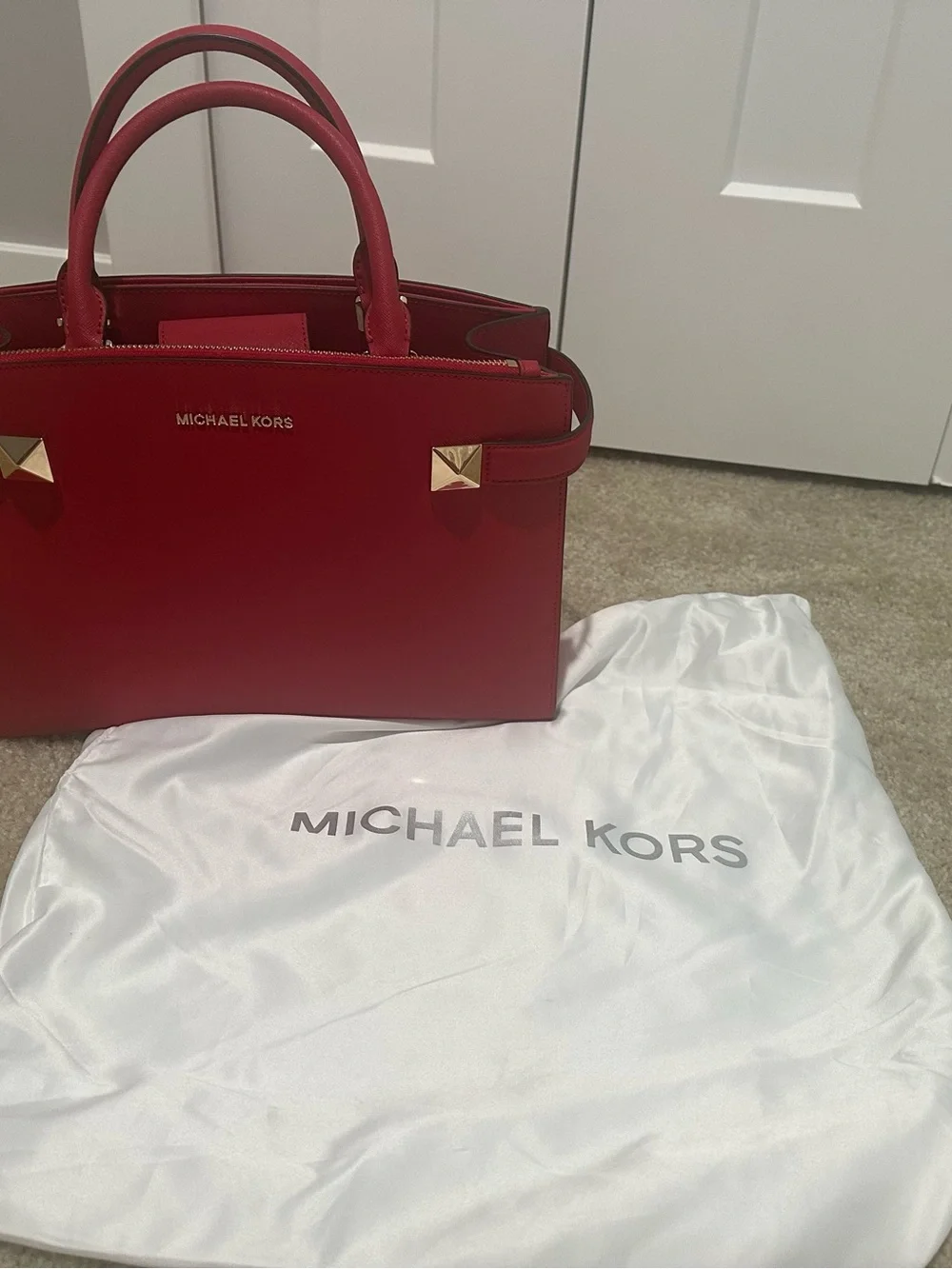 Michael Kors Red Saffiano Satchel with Gold Hardware
